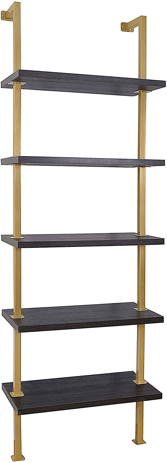 Bookshelf: 5-Shelf Oak Wood Modern Bookcase, Black Metal Frame