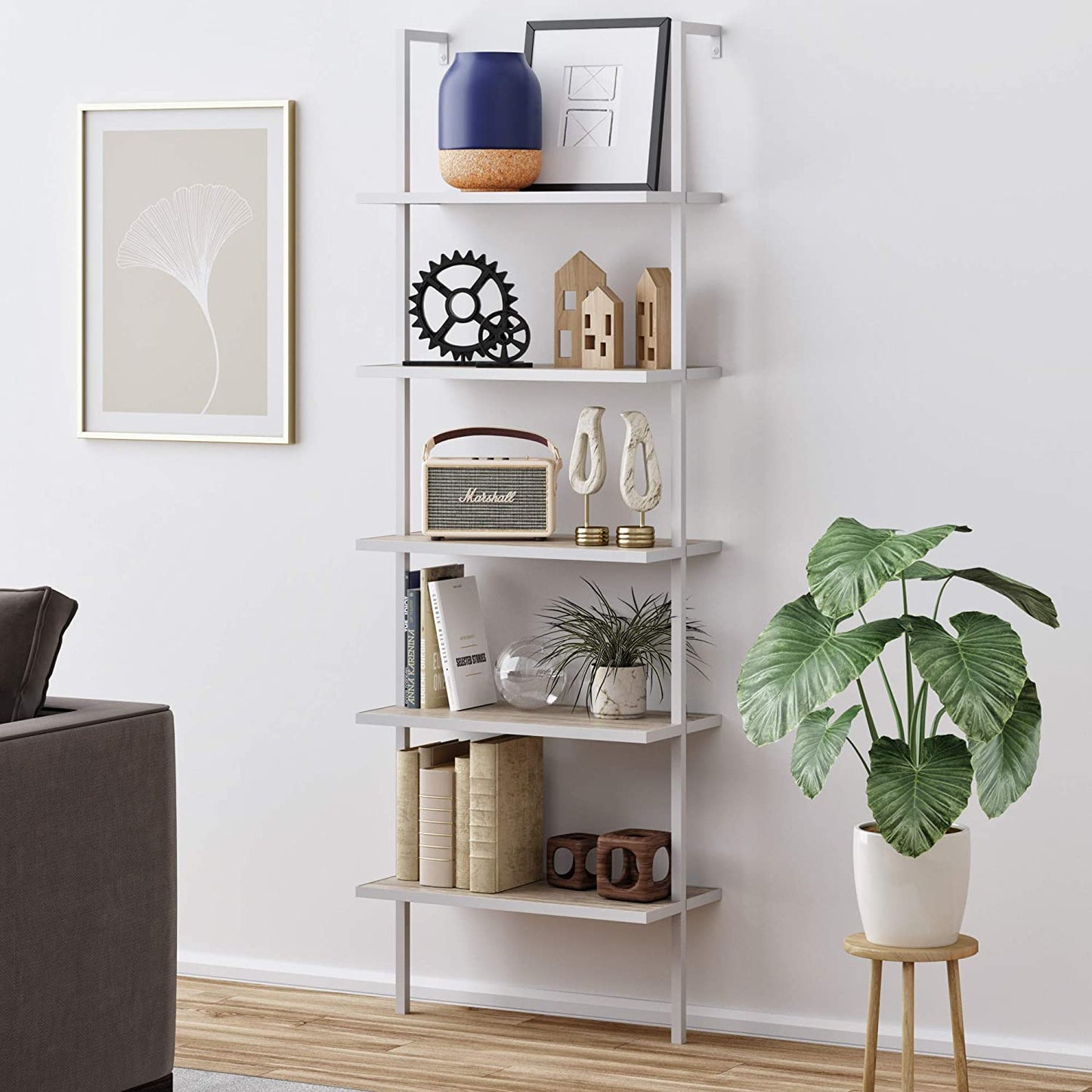 Bookshelf: 5-Shelf Oak Wood Modern Bookcase, Black Metal Frame