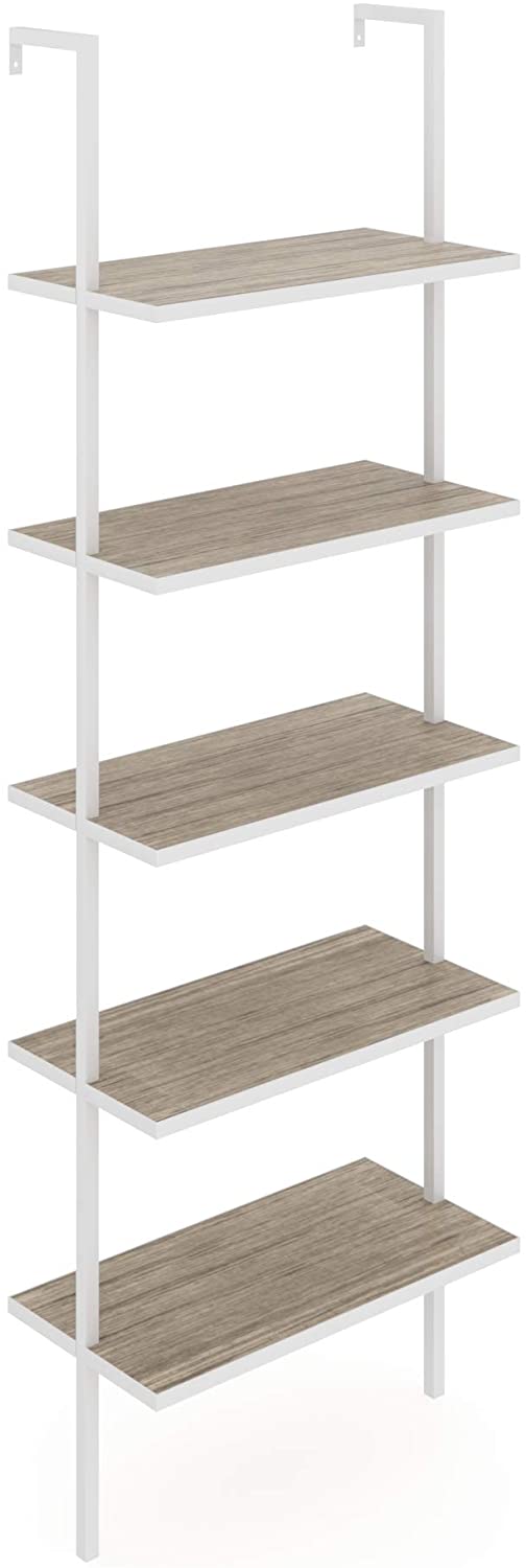 Bookshelf: 5-Shelf Oak Wood Modern Bookcase, Black Metal Frame