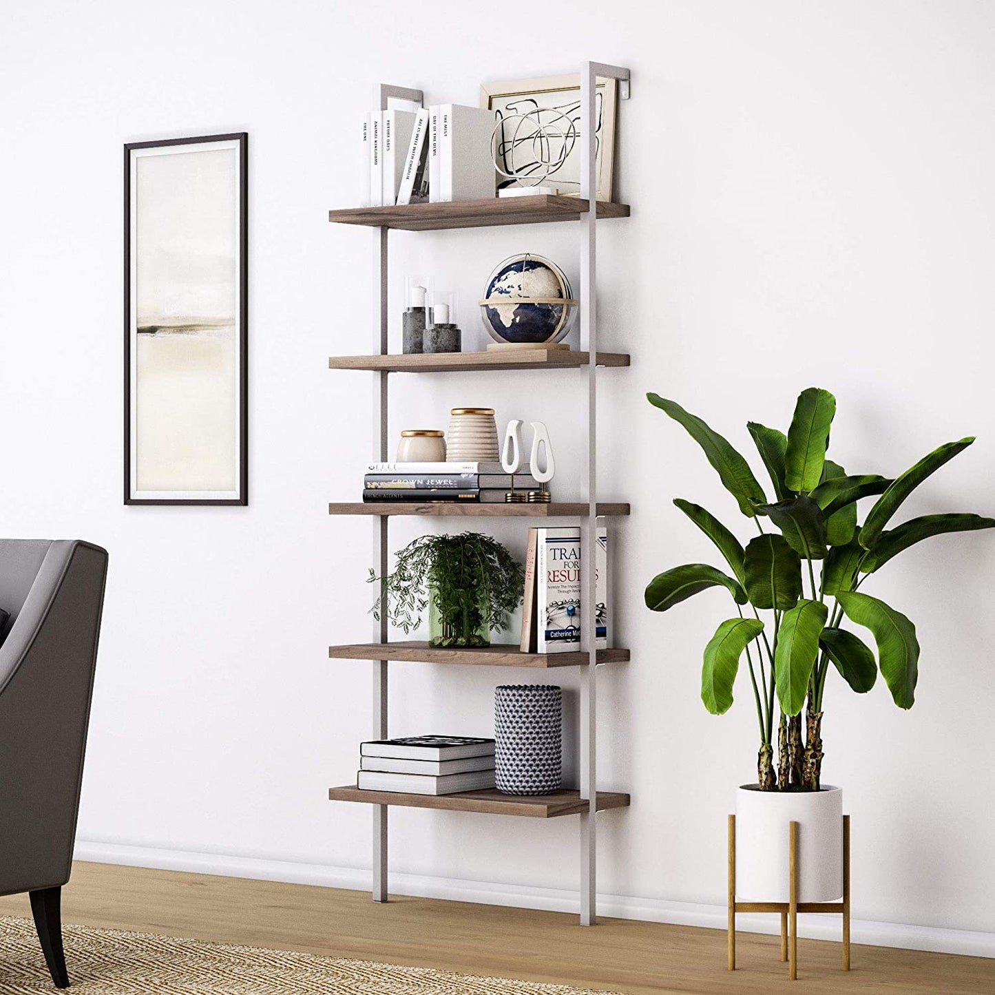 Bookshelf: 5-Shelf Oak Wood Modern Bookcase, Black Metal Frame