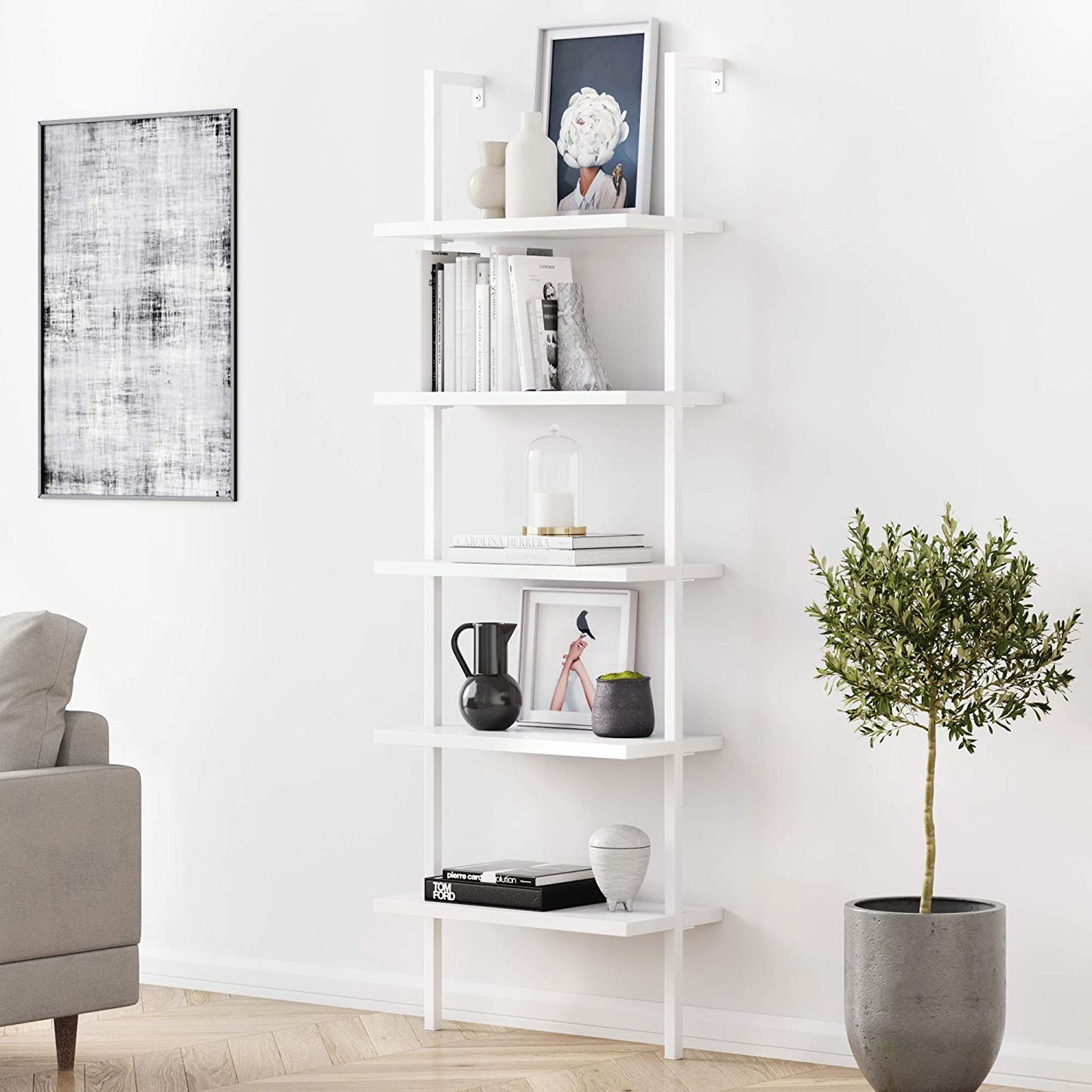 Bookshelf: 5-Shelf Oak Wood Modern Bookcase, Black Metal Frame