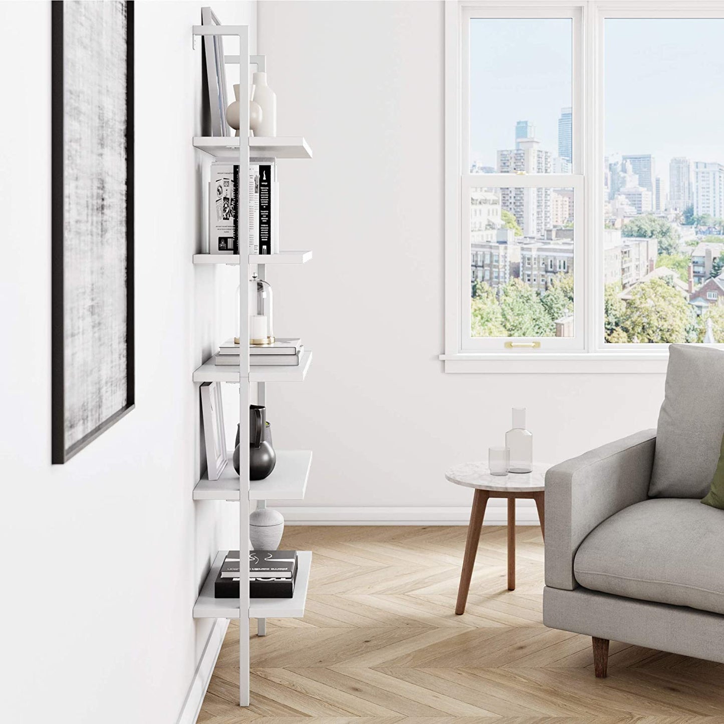 Bookshelf: 5-Shelf Oak Wood Modern Bookcase, Black Metal Frame