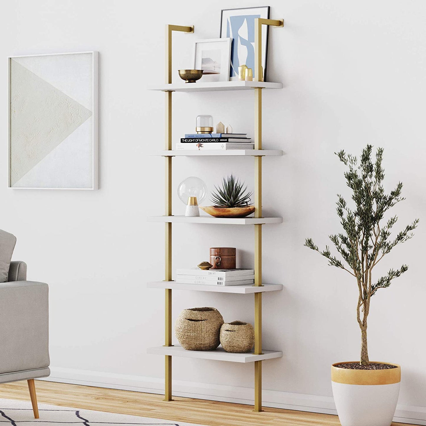 Bookshelf: 5-Shelf Oak Wood Modern Bookcase, Black Metal Frame