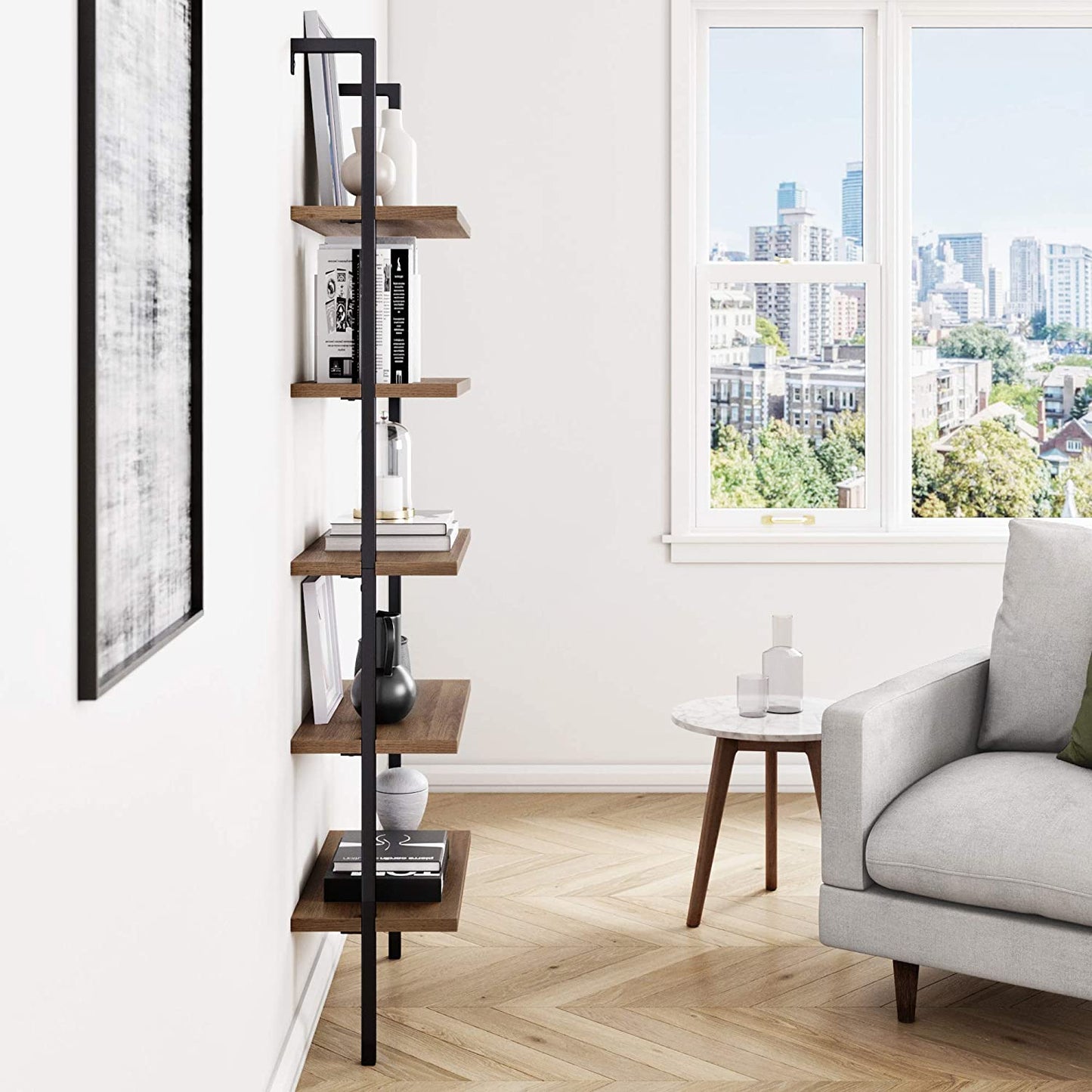 Bookshelf: 5-Shelf Oak Wood Modern Bookcase, Black Metal Frame