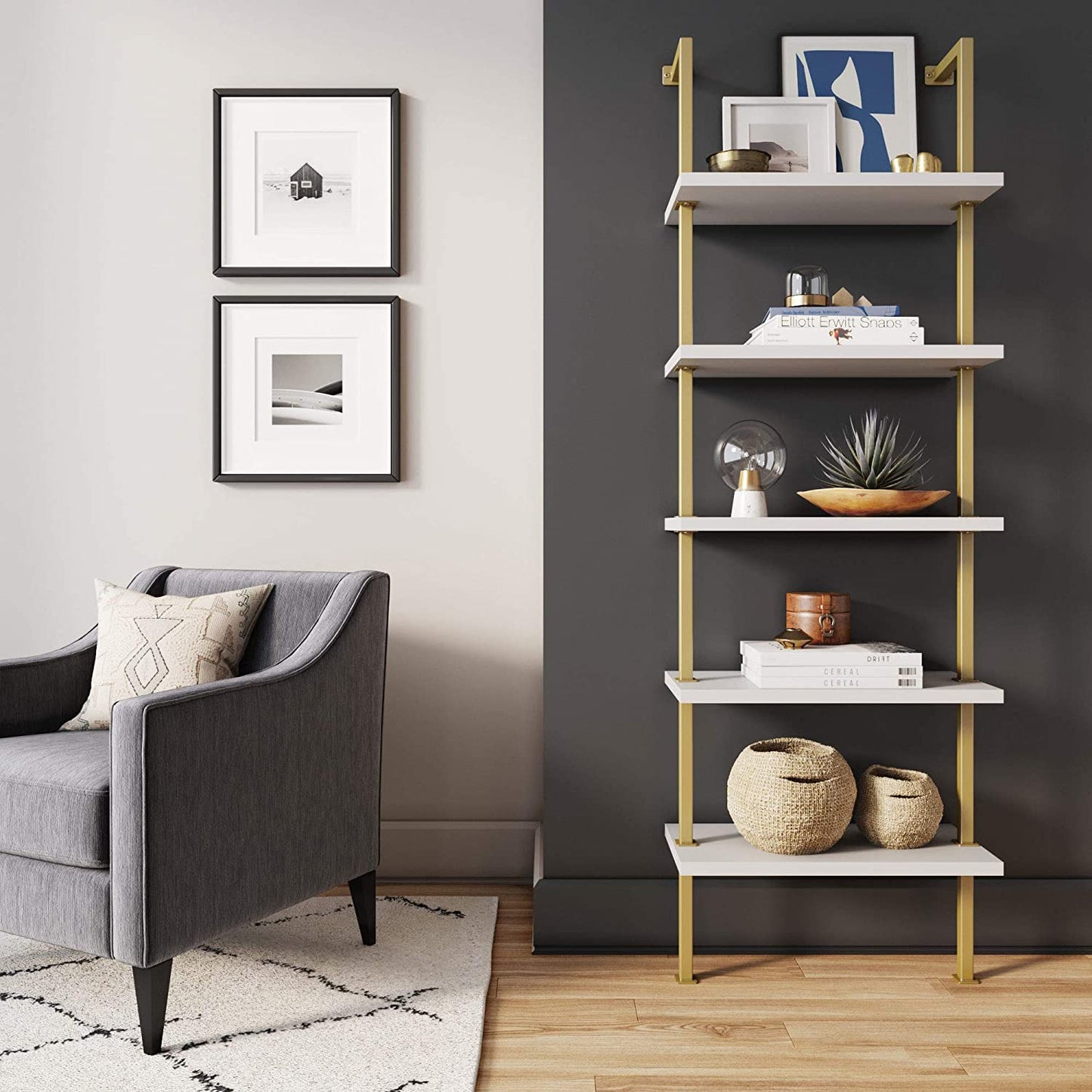 Bookshelf: 5-Shelf Oak Wood Modern Bookcase, Black Metal Frame