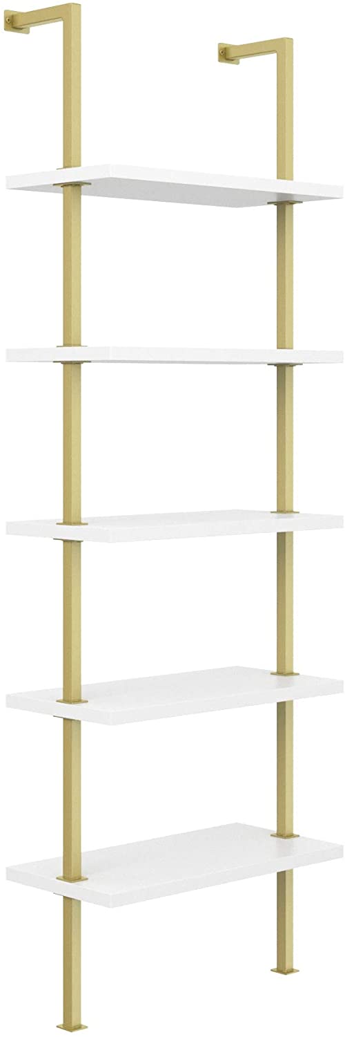 Bookshelf: 5-Shelf Oak Wood Modern Bookcase, Black Metal Frame