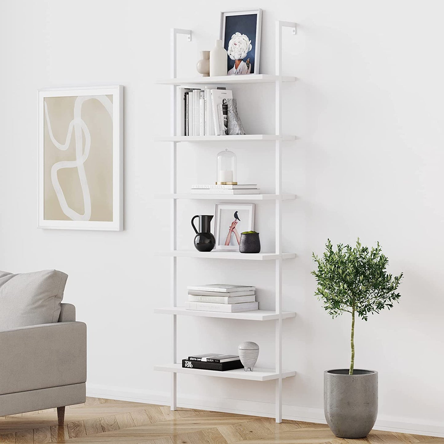 Bookshelf: 5-Shelf Oak Wood Modern Bookcase, Black Metal Frame