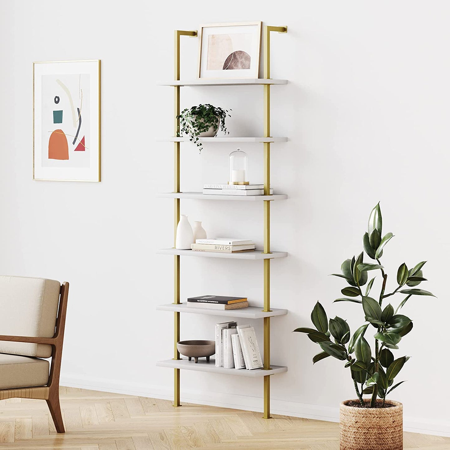 Bookshelf: 5-Shelf Oak Wood Modern Bookcase, Black Metal Frame