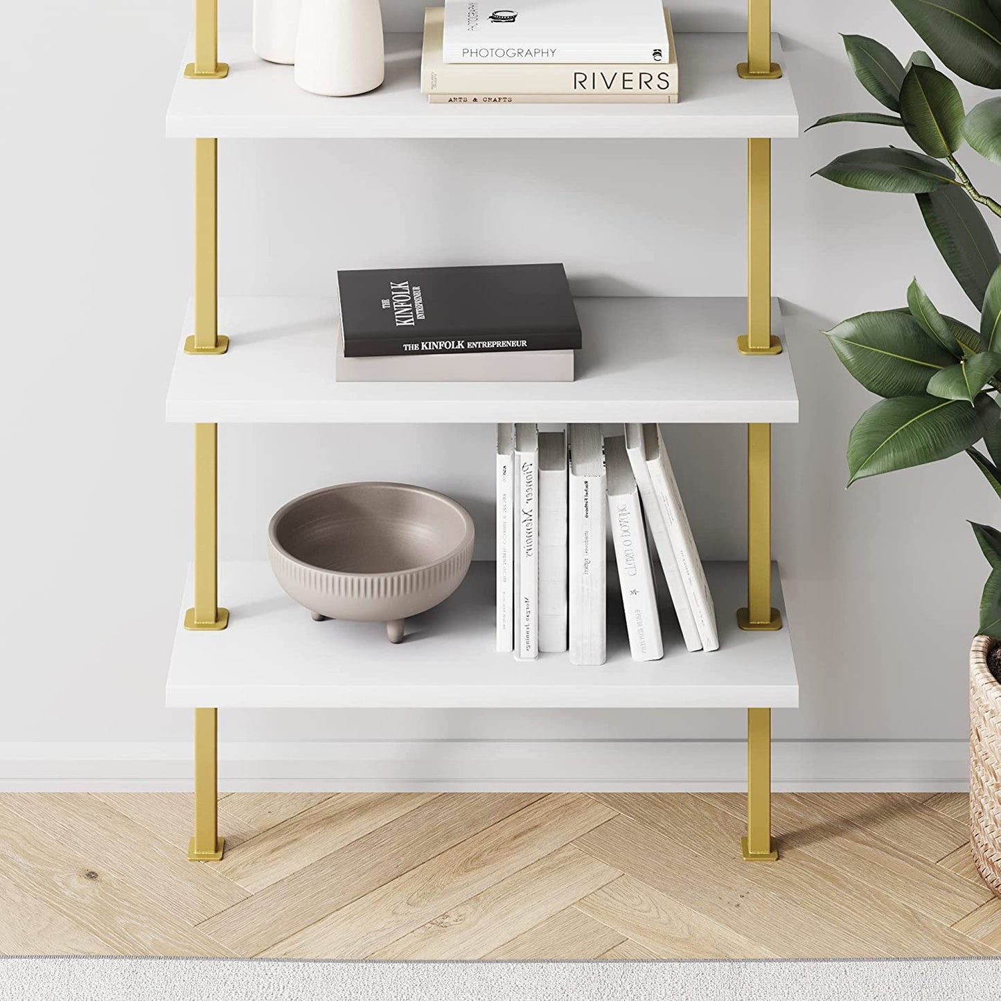 Bookshelf: 5-Shelf Oak Wood Modern Bookcase, Black Metal Frame