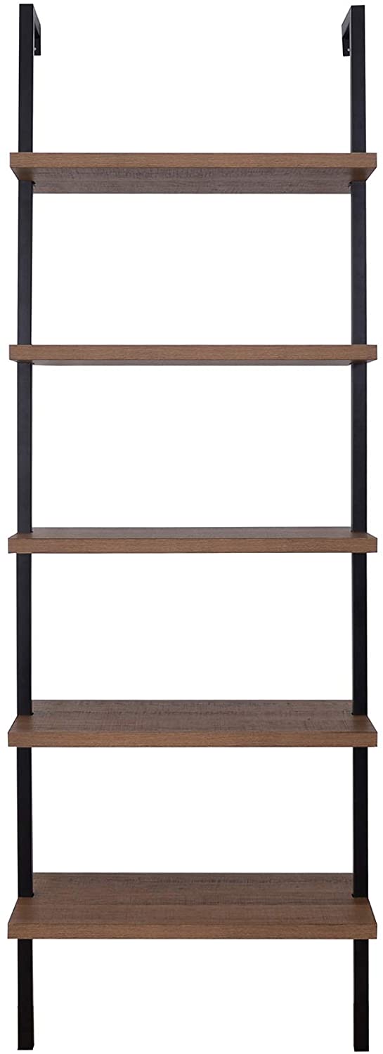 Bookshelf: 5-Shelf Oak Wood Modern Bookcase, Black Metal Frame