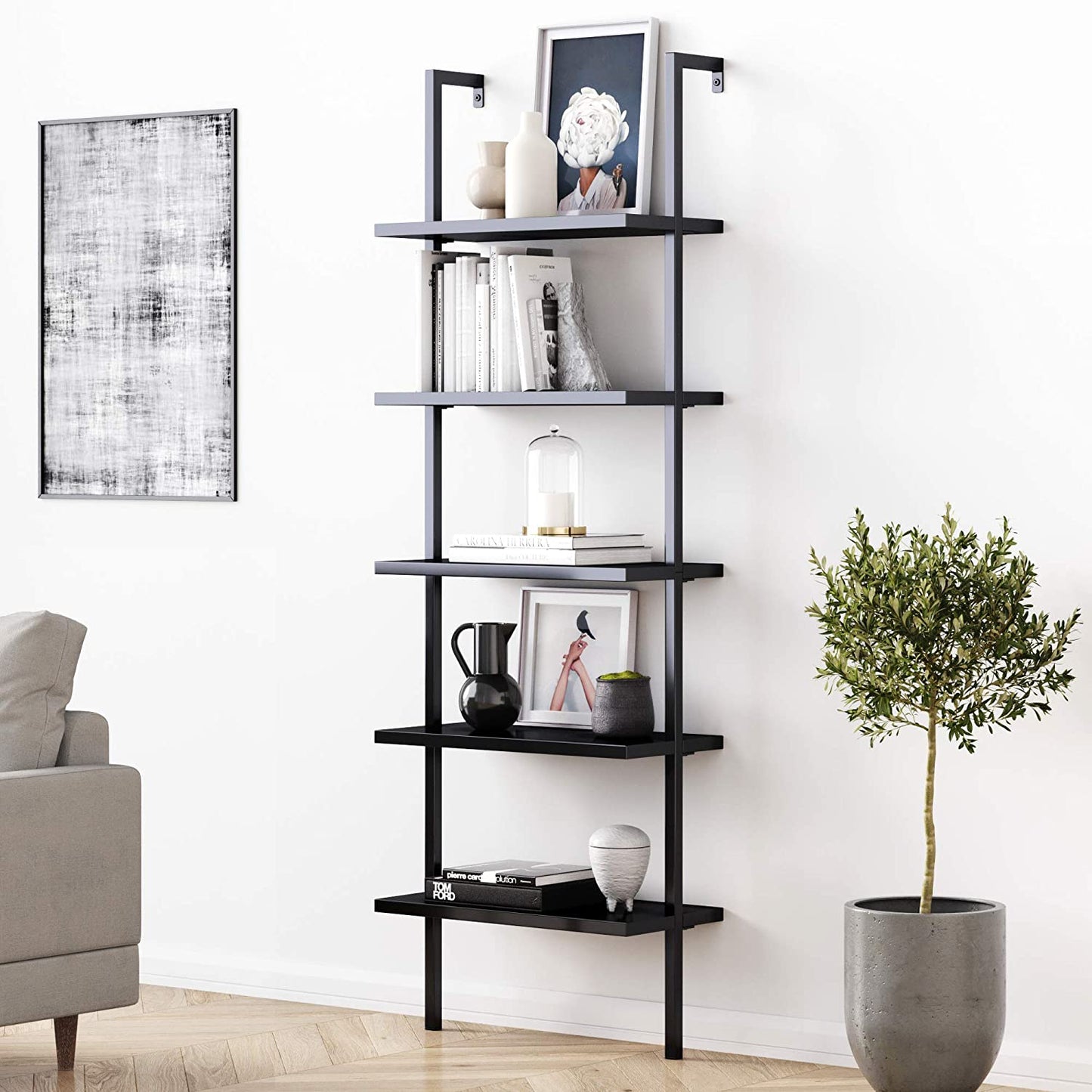 Bookshelf: 5-Shelf Oak Wood Modern Bookcase, Black Metal Frame