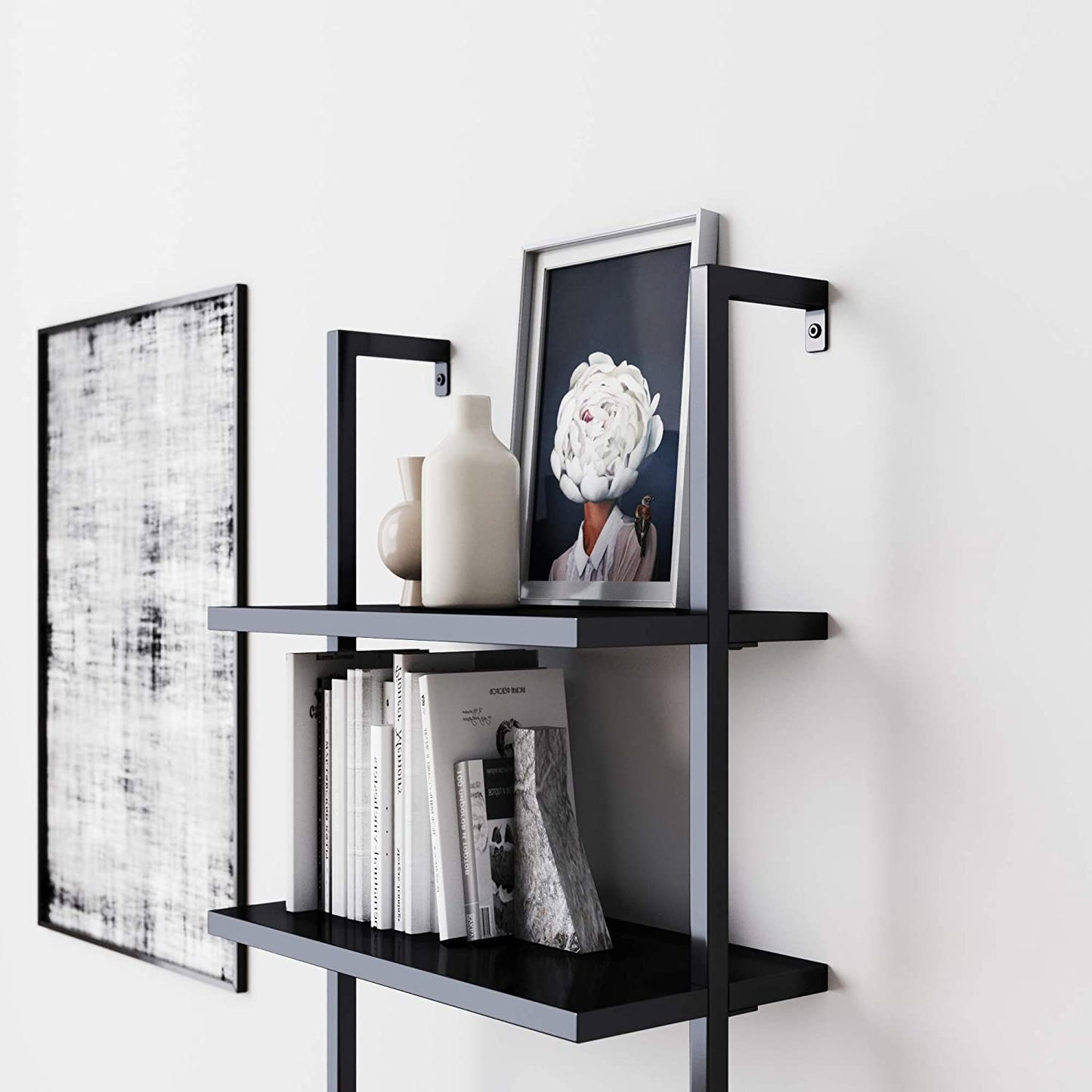 Bookshelf: 5-Shelf Oak Wood Modern Bookcase, Black Metal Frame