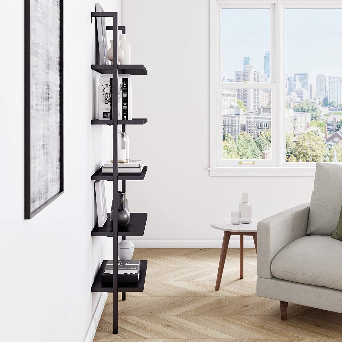 Bookshelf: 5-Shelf Oak Wood Modern Bookcase, Black Metal Frame