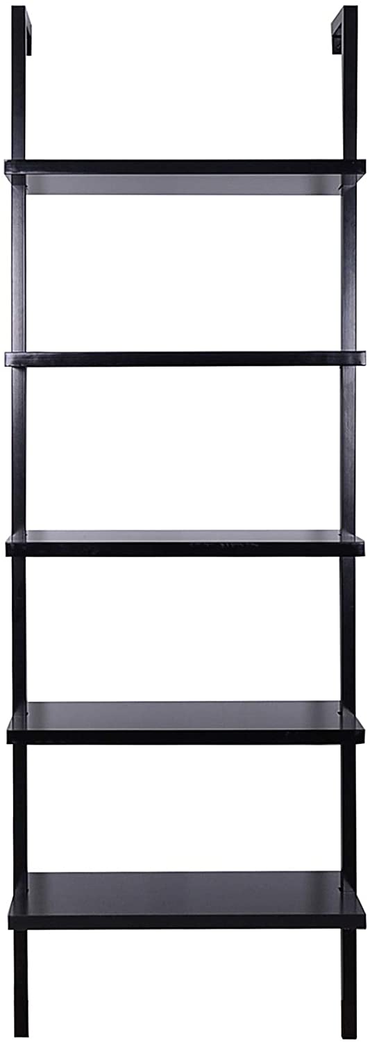 Bookshelf: 5-Shelf Oak Wood Modern Bookcase, Black Metal Frame