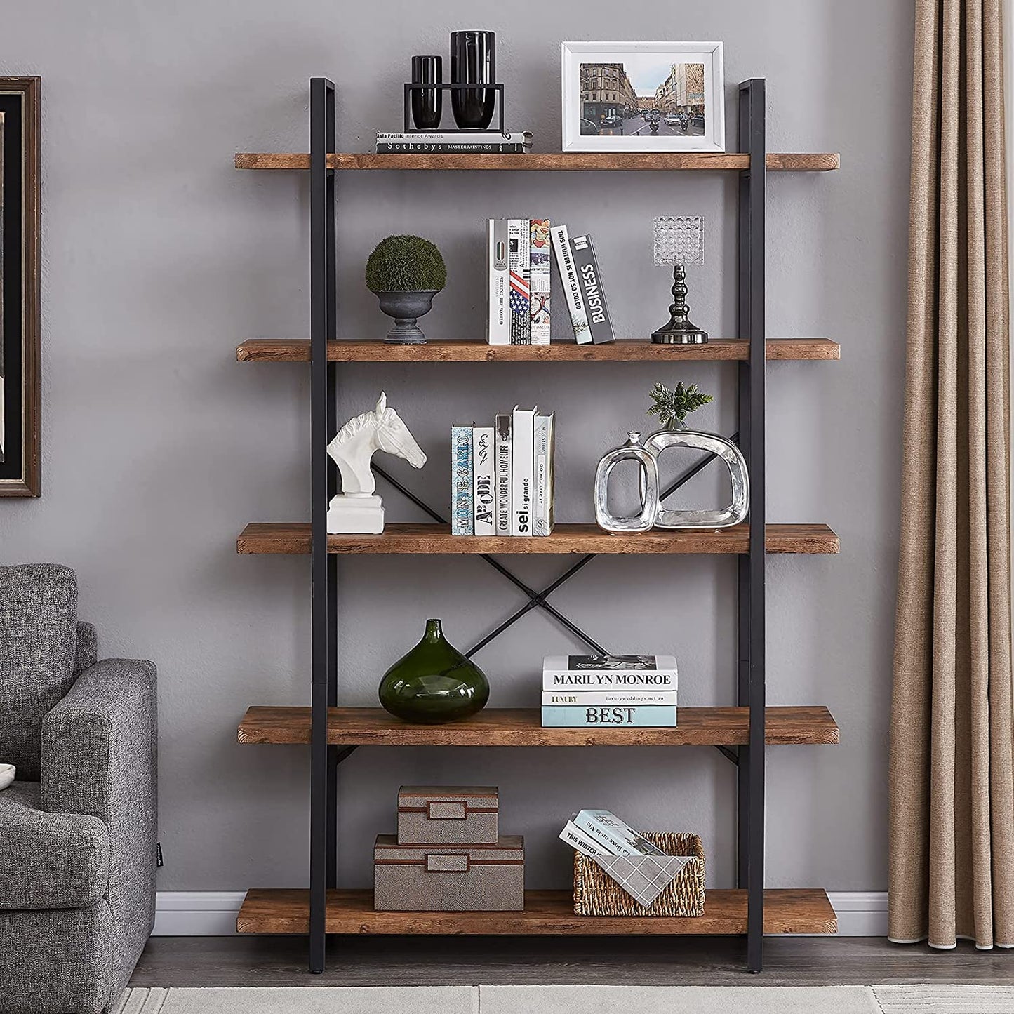 Bookshelf: 5-Shelf Open Bookcase with Metal Frame