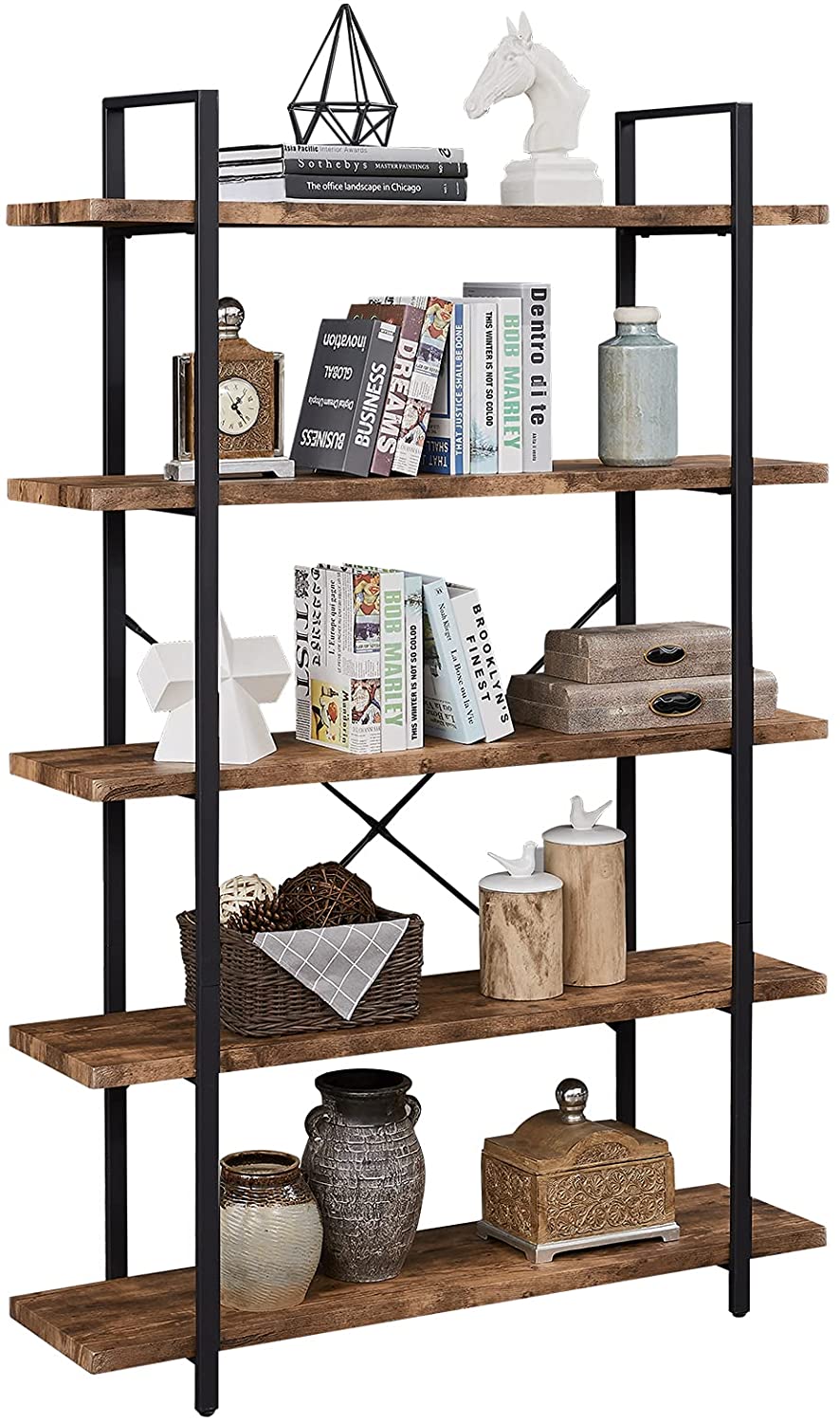 Bookshelf: 5-Shelf Open Bookcase with Metal Frame