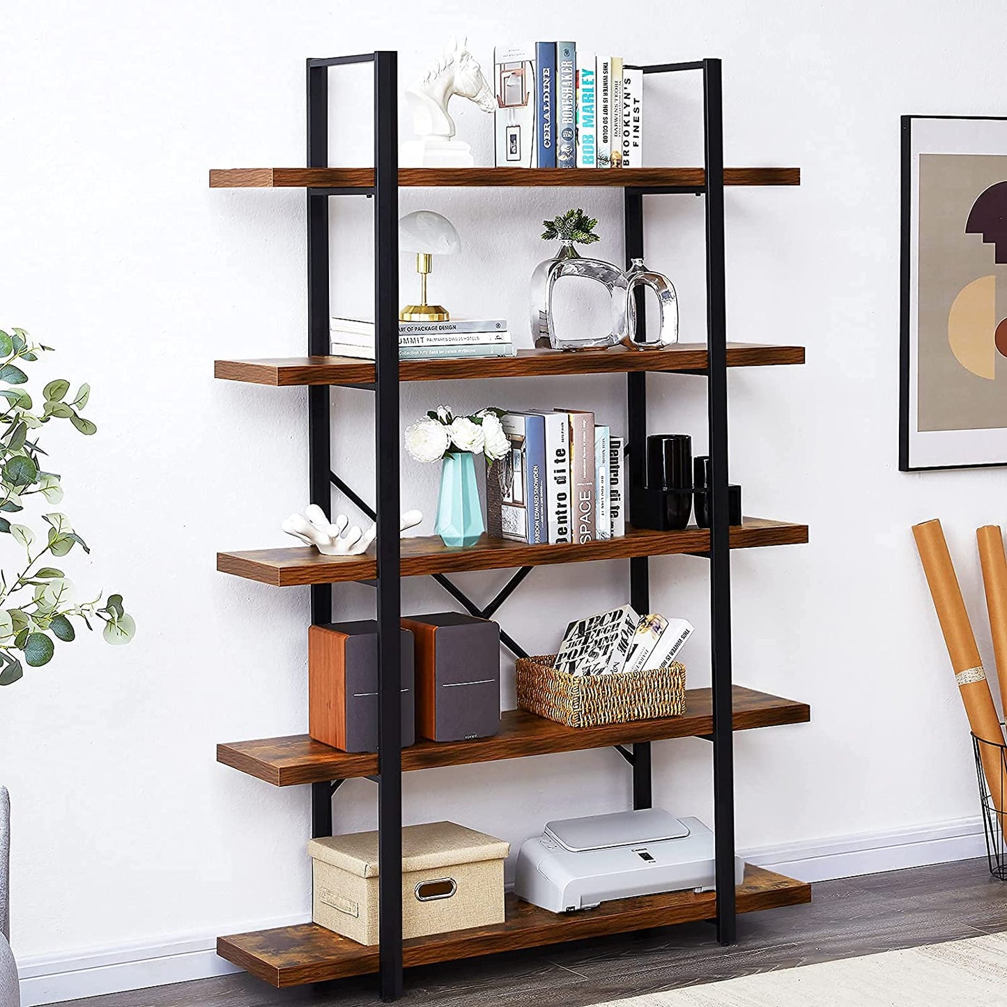 Bookshelf: 5-Shelf Open Bookcase with Metal Frame