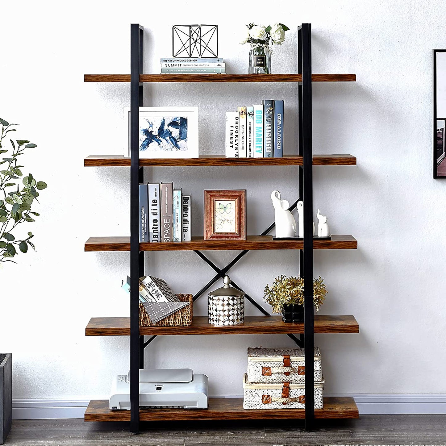Bookshelf: 5-Shelf Open Bookcase with Metal Frame