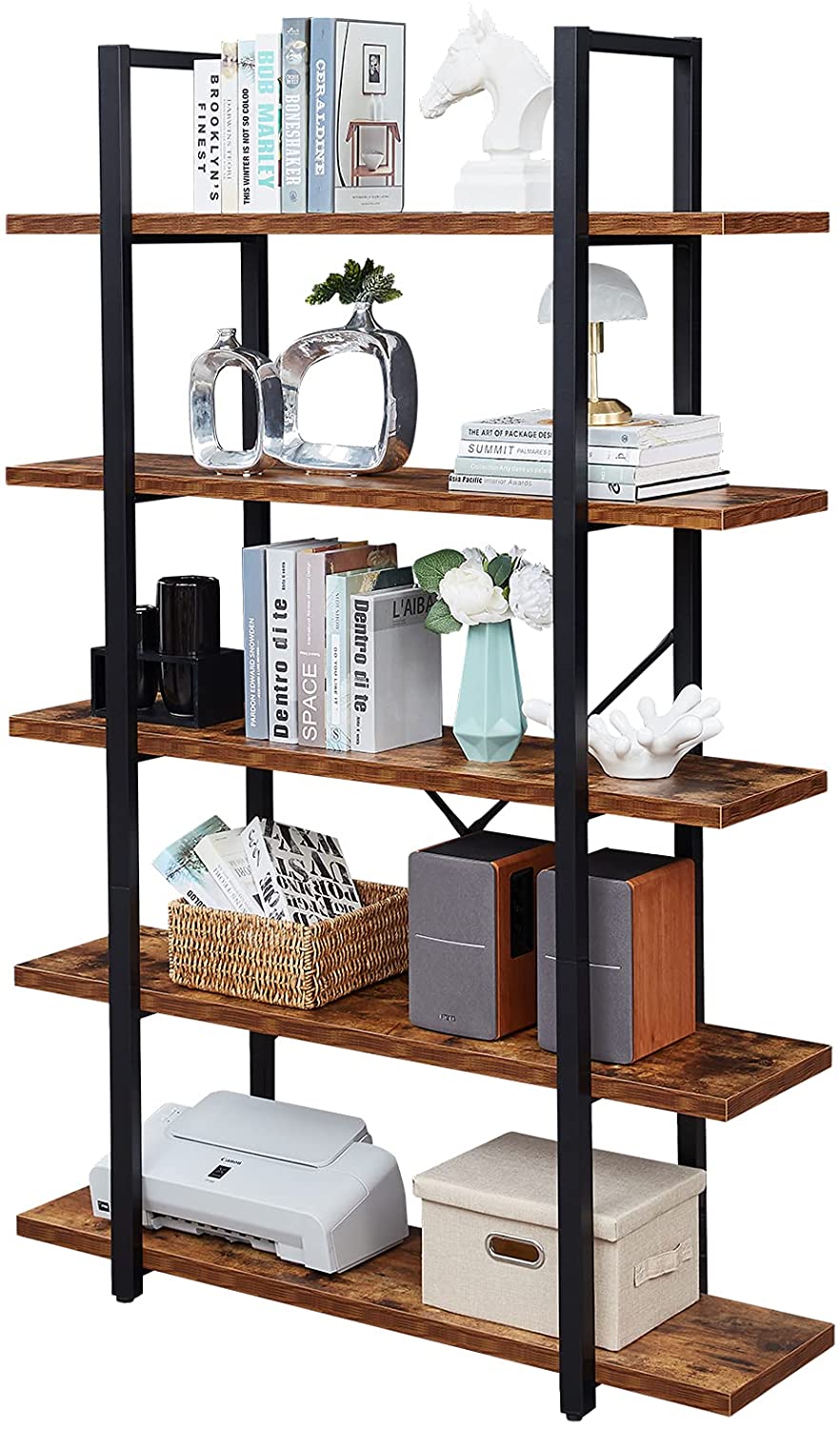 Bookshelf: 5-Shelf Open Bookcase with Metal Frame