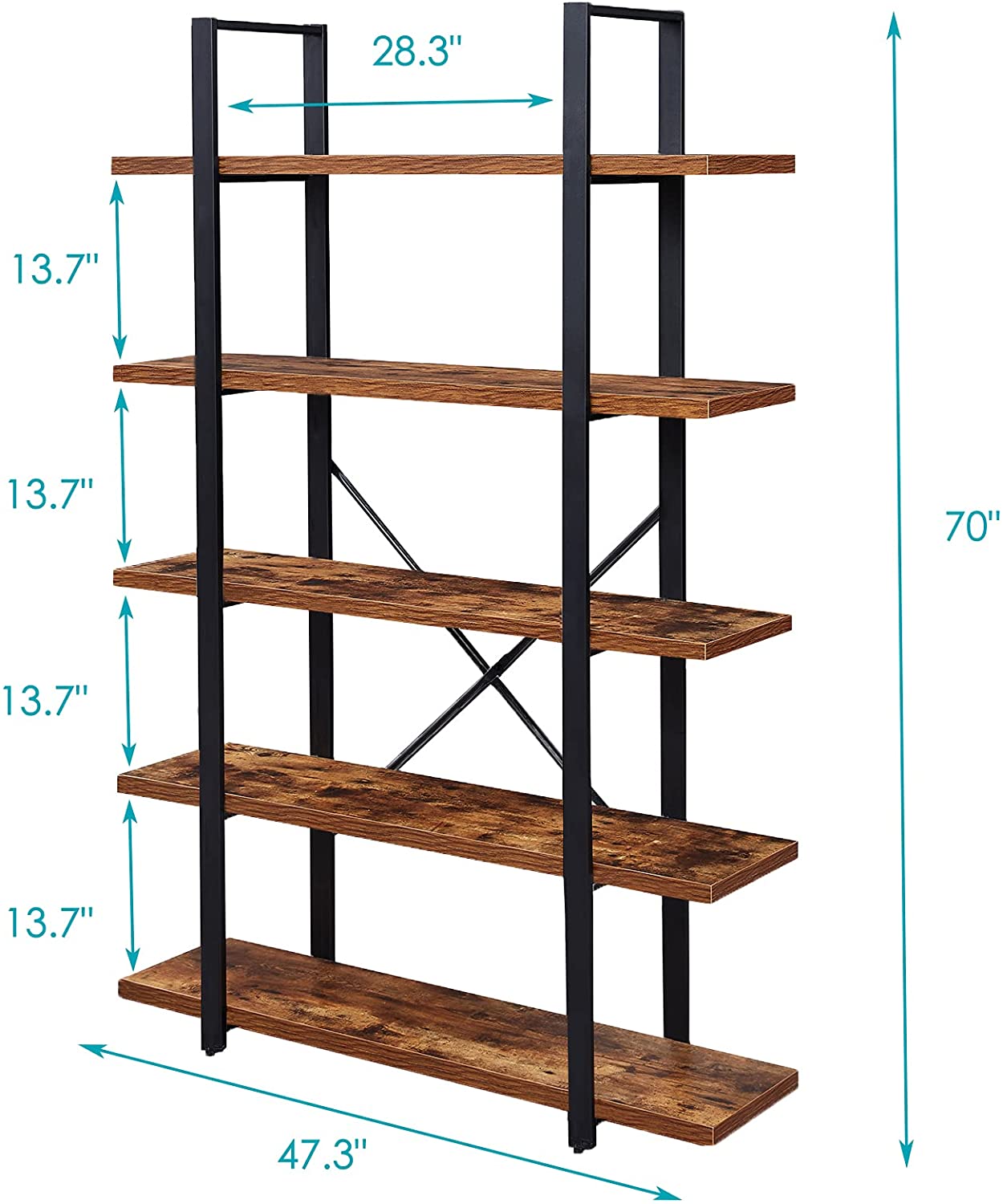 Bookshelf: 5-Shelf Open Bookcase with Metal Frame