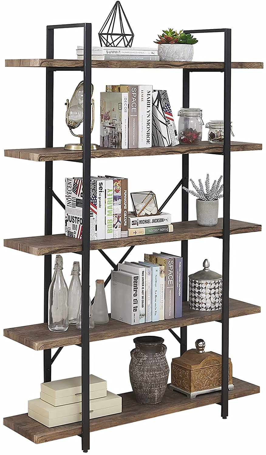 Bookshelf: 5-Shelf Open Bookcase with Metal Frame
