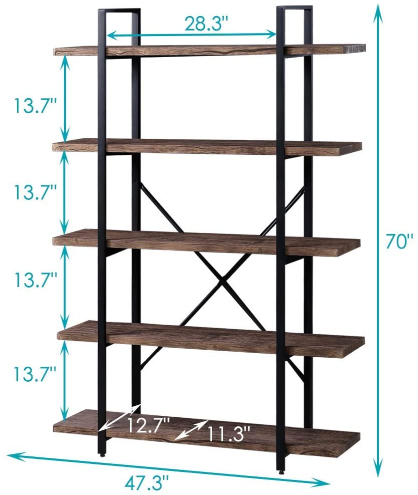 Bookshelf: 5-Shelf Open Bookcase with Metal Frame