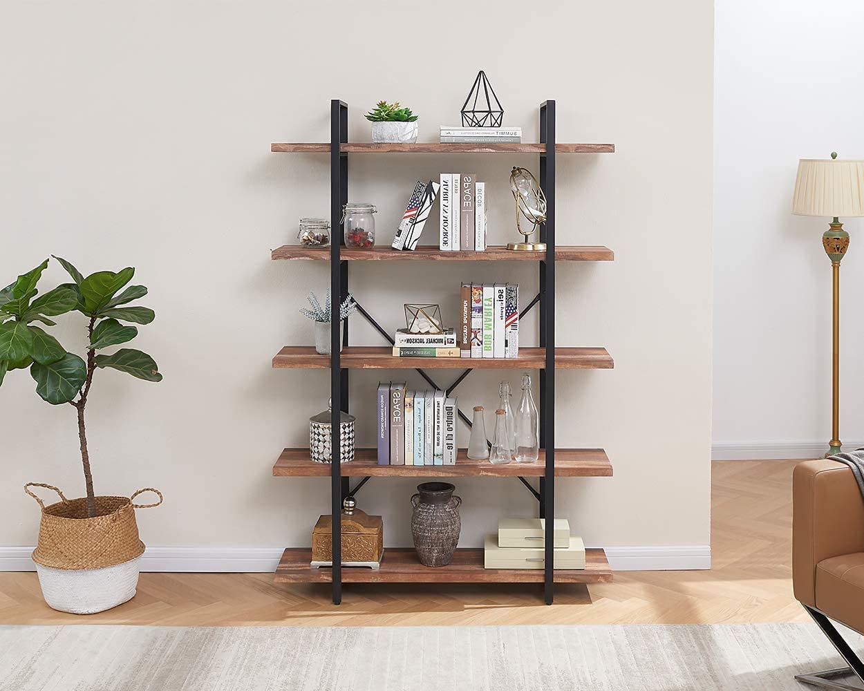 Bookshelf: 5-Shelf Open Bookcase with Metal Frame