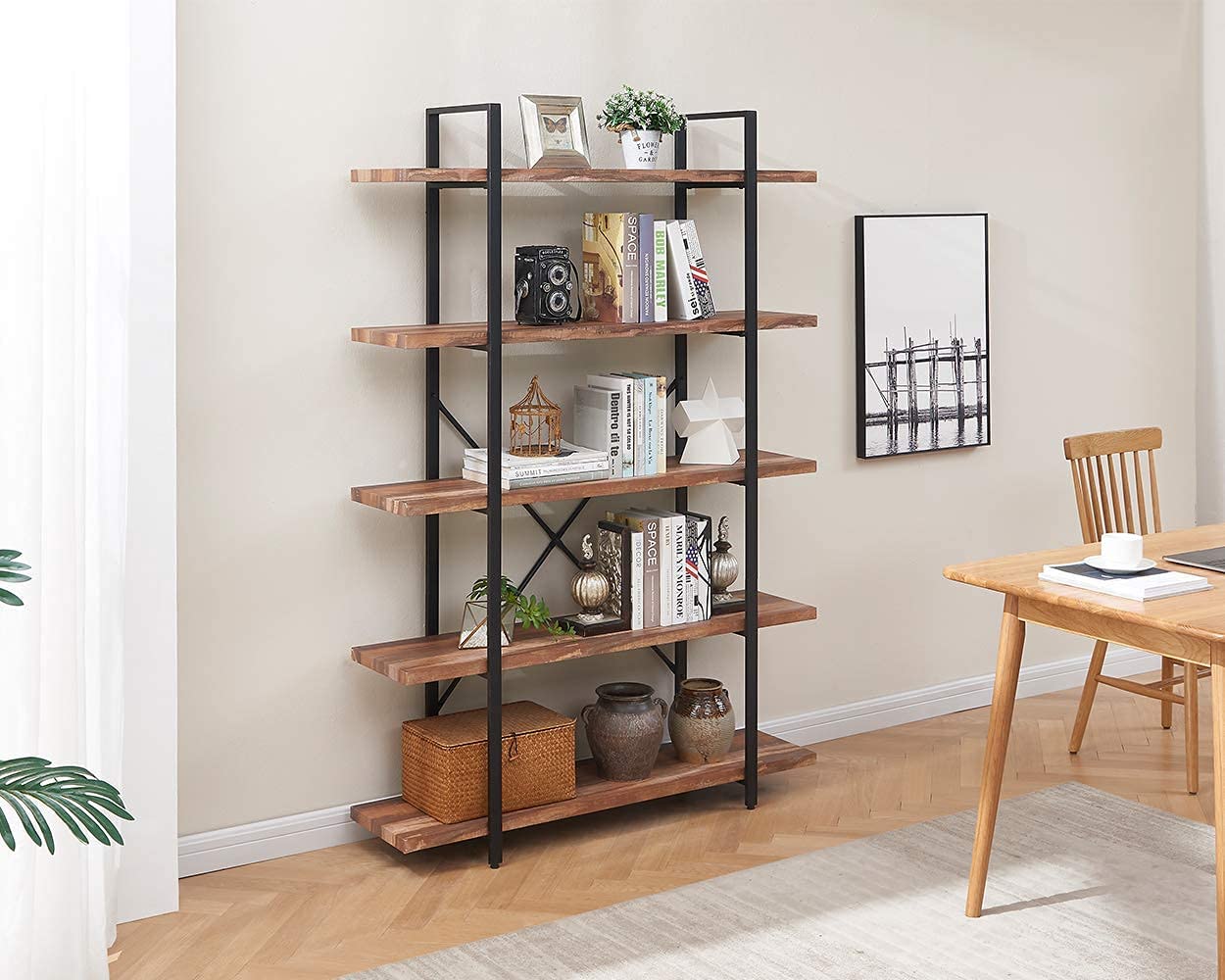 Bookshelf: 5-Shelf Open Bookcase with Metal Frame