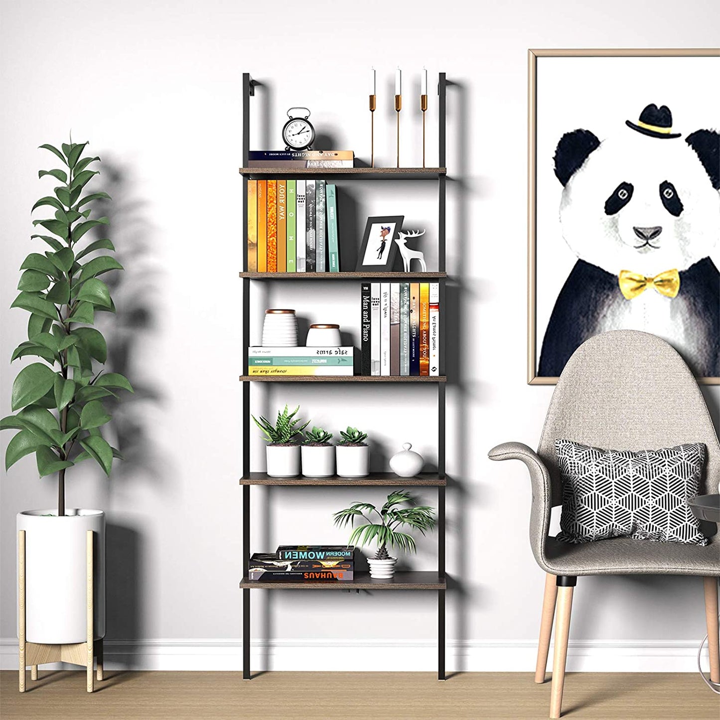 Bookshelf: 5-Tier Bookshelf with Metal Frame and Wood