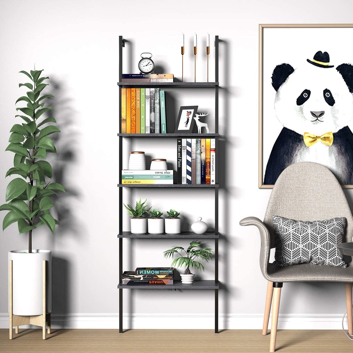 Bookshelf: 5-Tier Bookshelf with Metal Frame and Wood