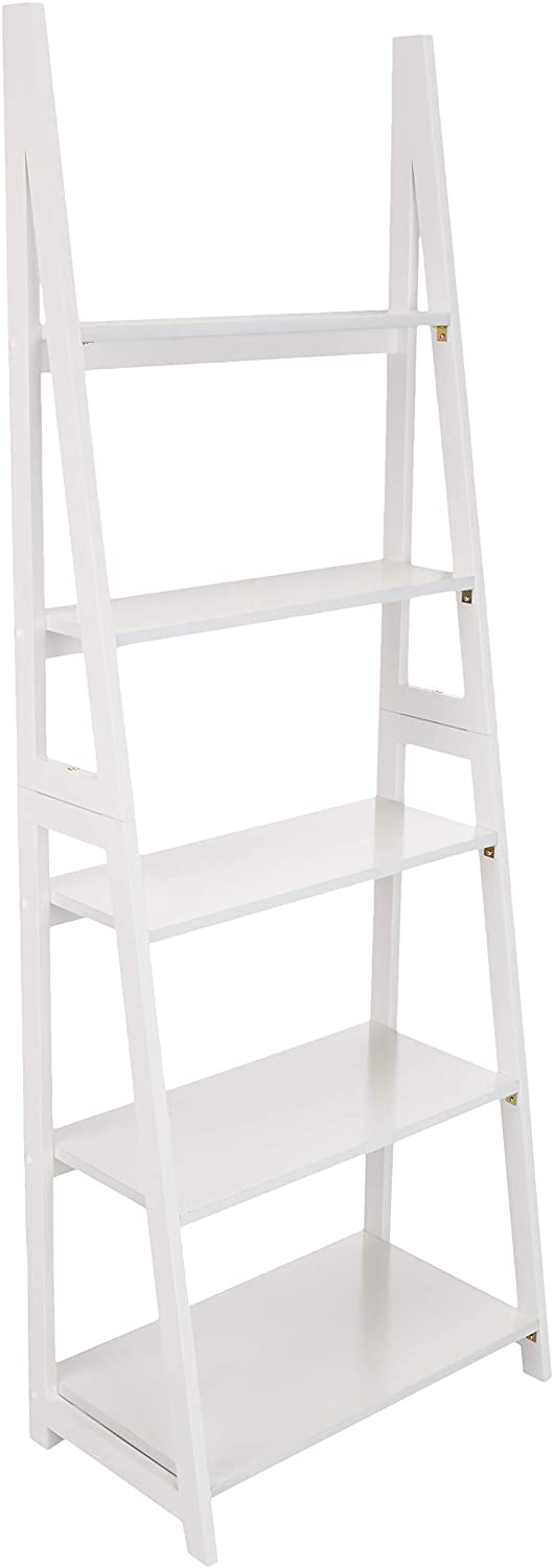 Bookshelf: 5-Tier Ladder Bookshelf Organizer with Solid Rubber Wood Frame