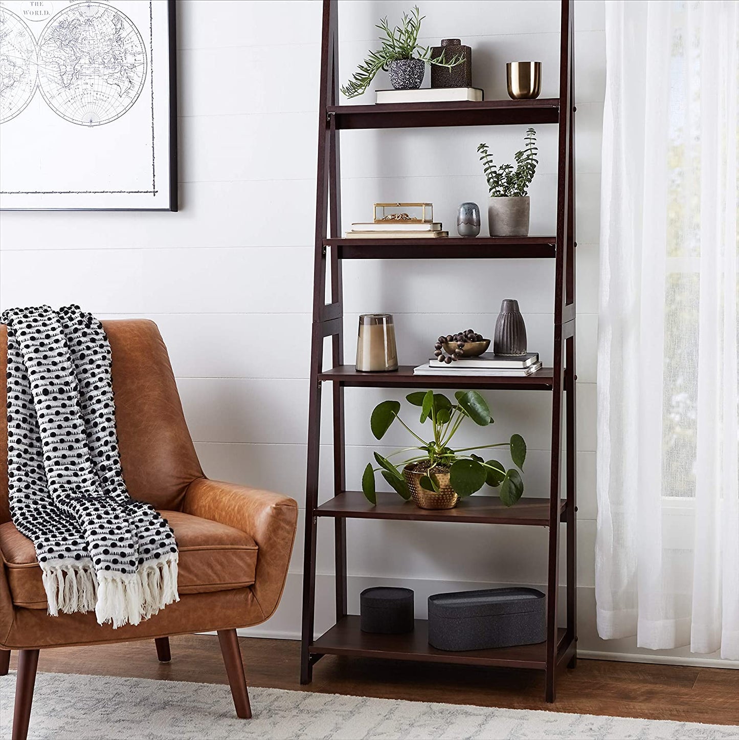 Bookshelf: 5-Tier Ladder Bookshelf Organizer with Solid Rubber Wood Frame