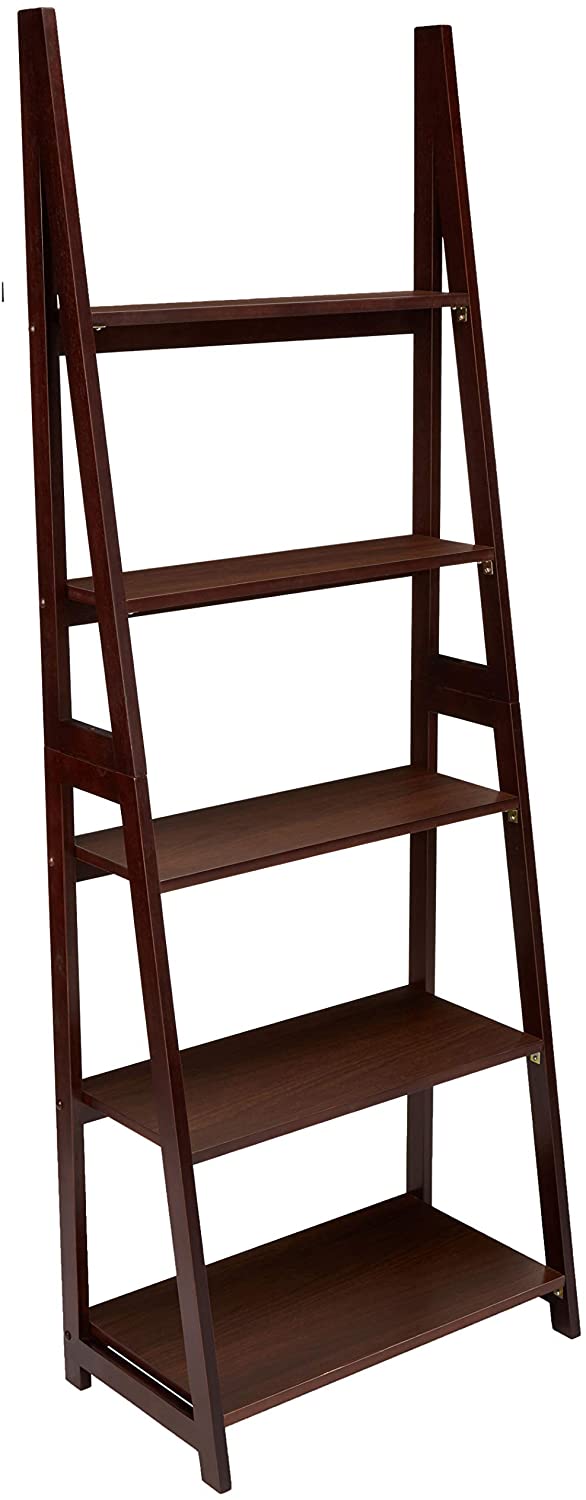 Bookshelf: 5-Tier Ladder Bookshelf Organizer with Solid Rubber Wood Frame