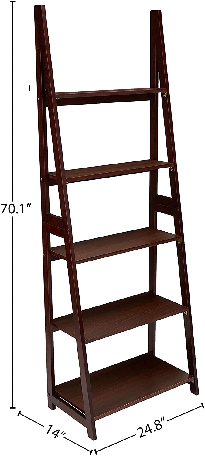 Bookshelf: 5-Tier Ladder Bookshelf Organizer with Solid Rubber Wood Frame
