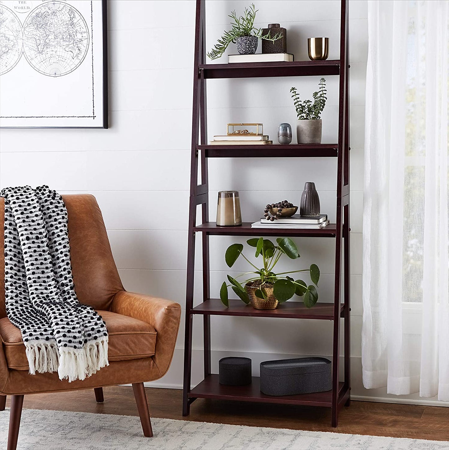 Bookshelf: 5-Tier Ladder Bookshelf Organizer with Solid Rubber Wood Frame