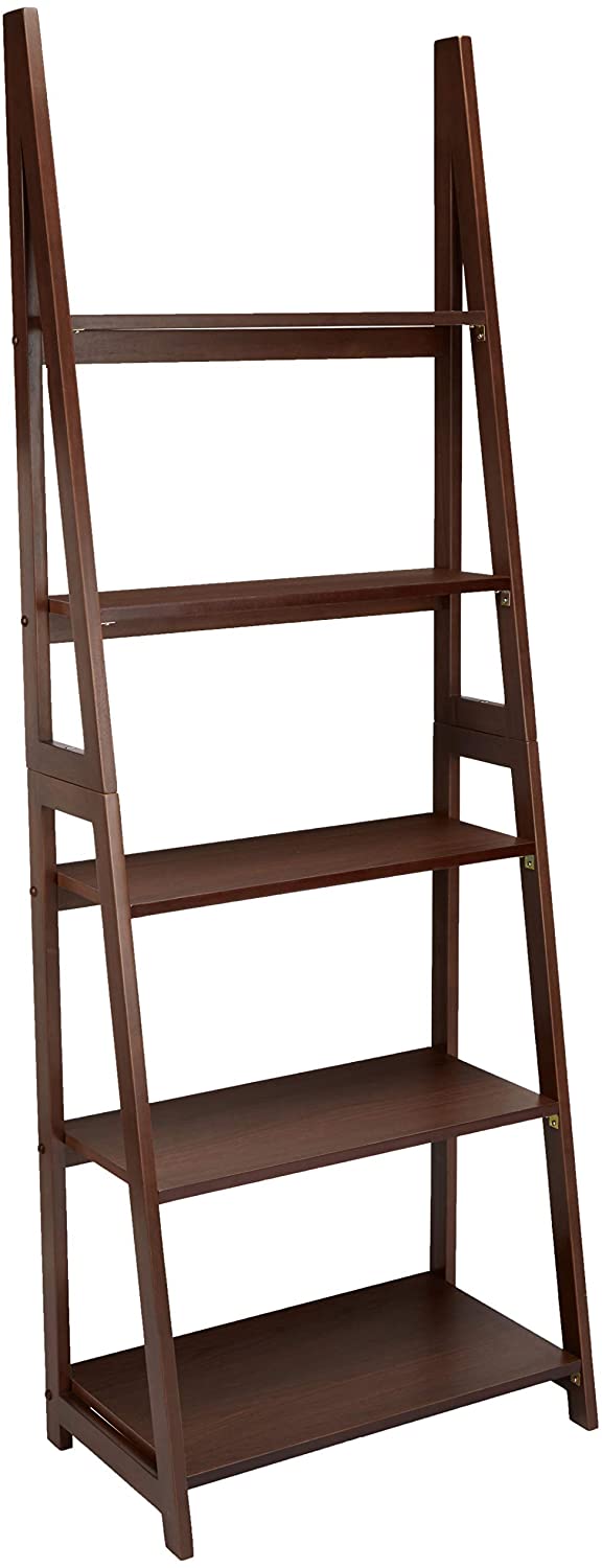 Bookshelf: 5-Tier Ladder Bookshelf Organizer with Solid Rubber Wood Frame