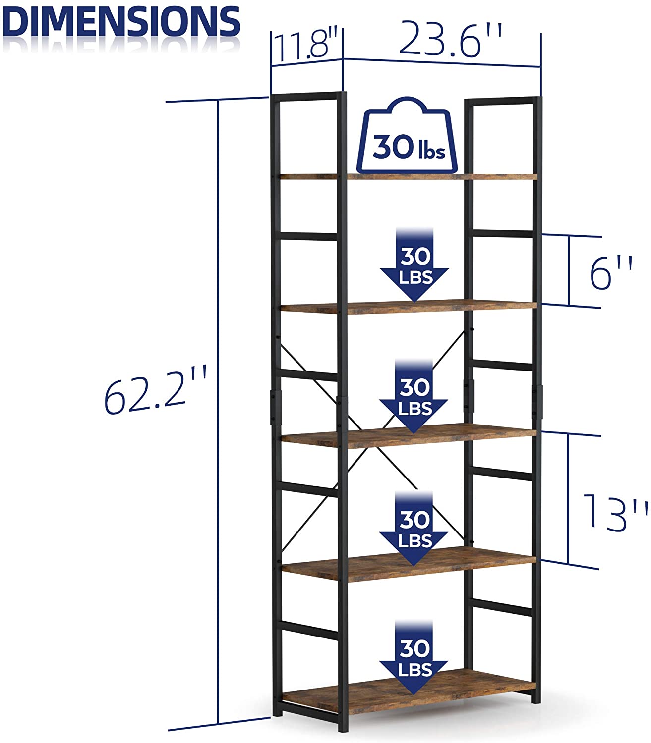 Bookshelf: 5 Tier Tall Bookcase Shelf Storage Organizer