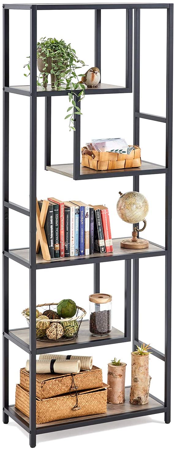 Bookshelf: 6-Tier Open Back Shelf with Wood Look and Metal Frame Bookshelf