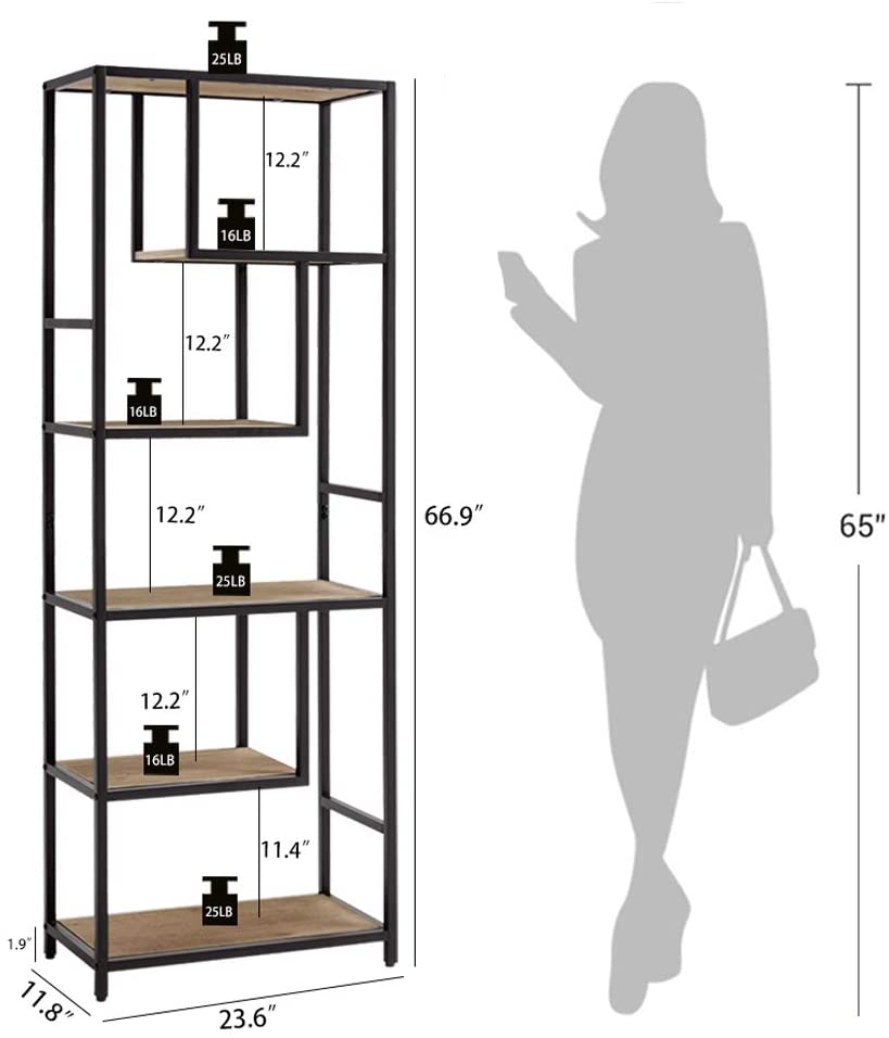 Bookshelf: 6-Tier Open Back Shelf with Wood Look and Metal Frame Bookshelf