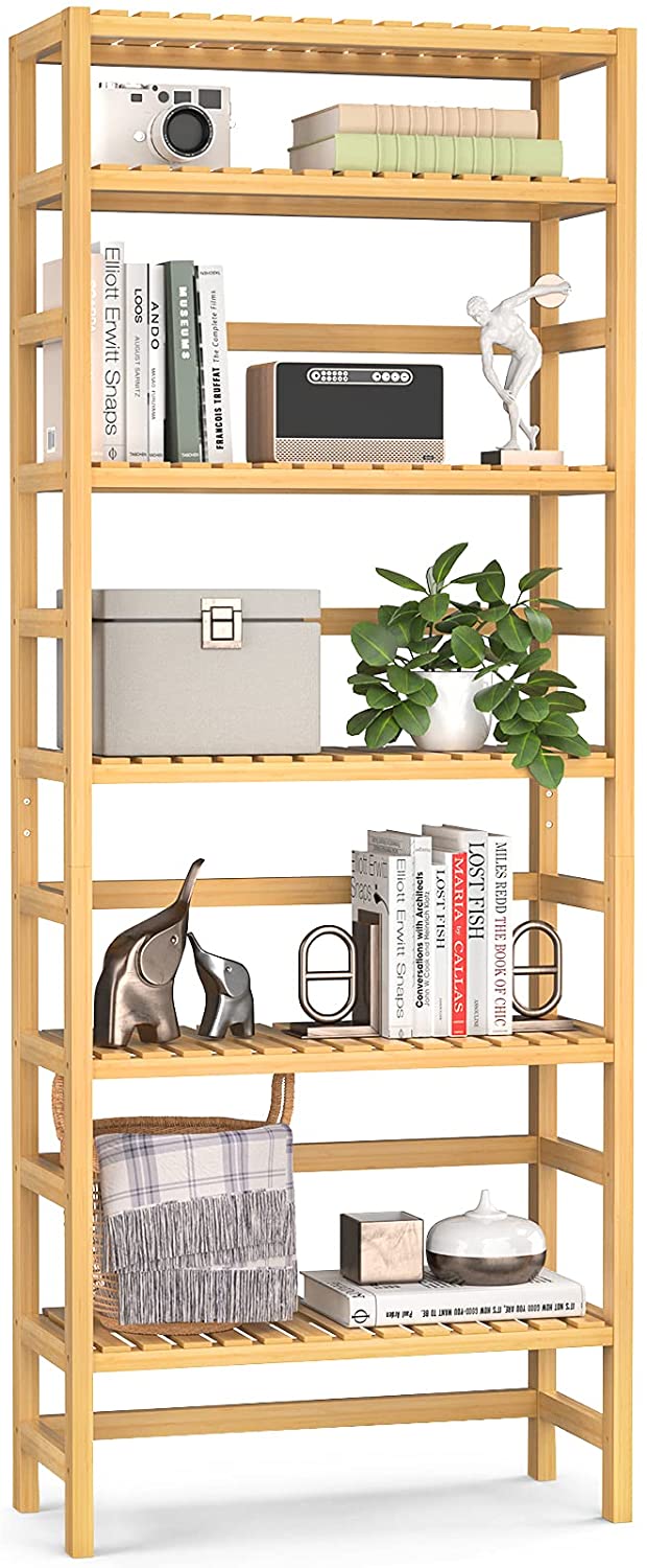 Bookshelf: 6 Tiers Bamboo Adjustable Tall Book Shelf Rack Organizer