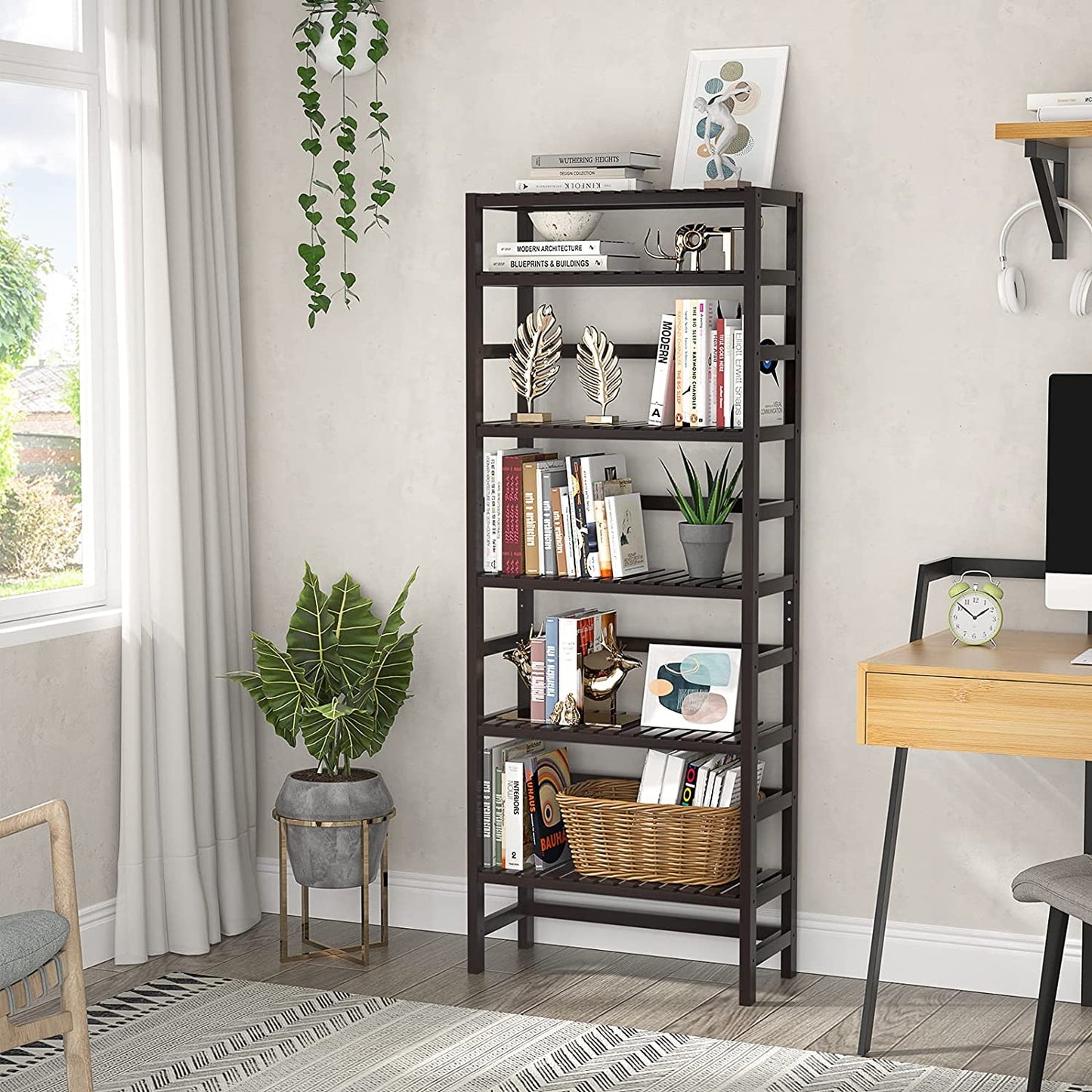 Bookshelf: 6 Tiers Bamboo Adjustable Tall Book Shelf Rack Organizer