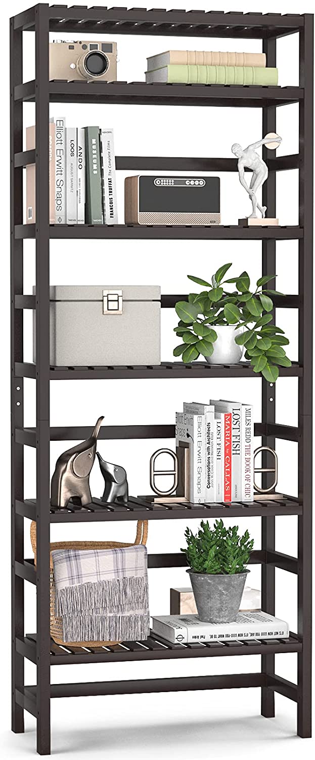 Bookshelf: 6 Tiers Bamboo Adjustable Tall Book Shelf Rack Organizer