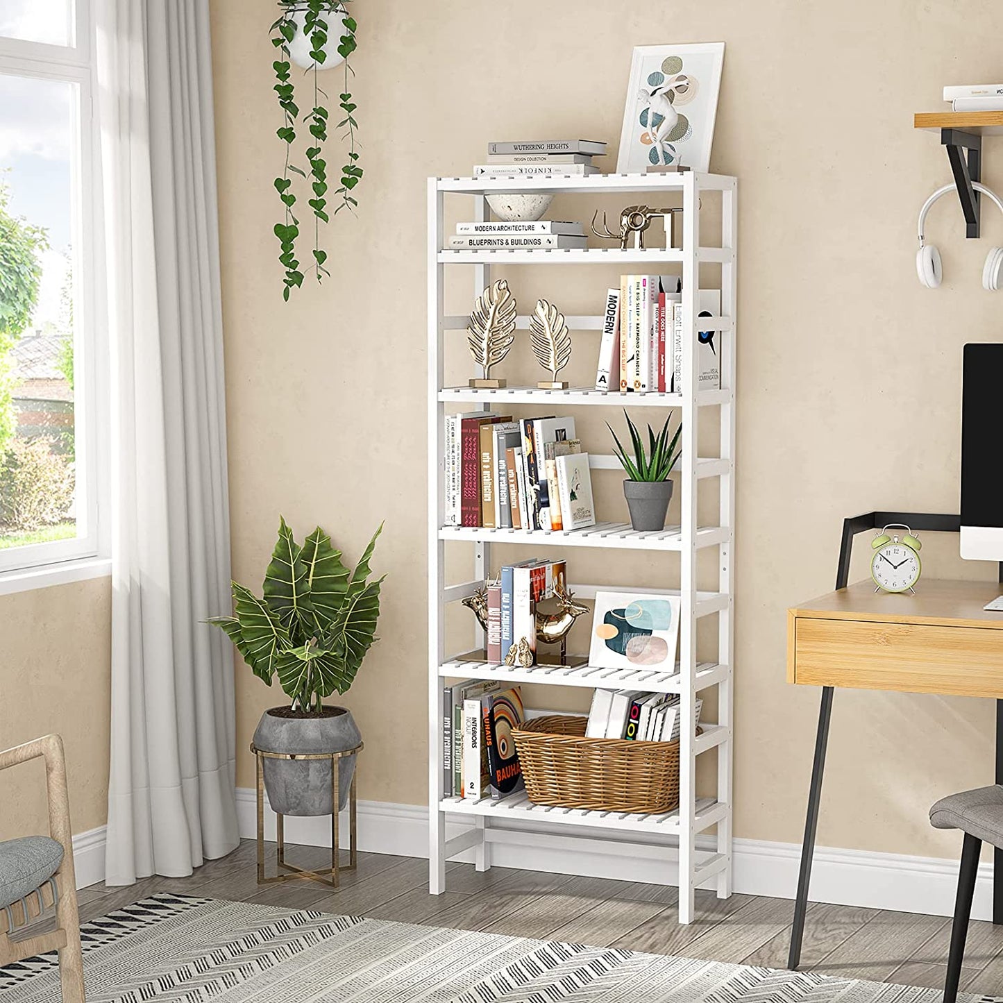 Bookshelf: 6 Tiers Bamboo Adjustable Tall Book Shelf Rack Organizer
