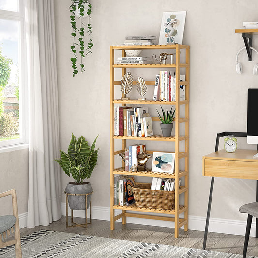 Bookshelf: 6 Tiers Bamboo Adjustable Tall Book Shelf Rack Organizer