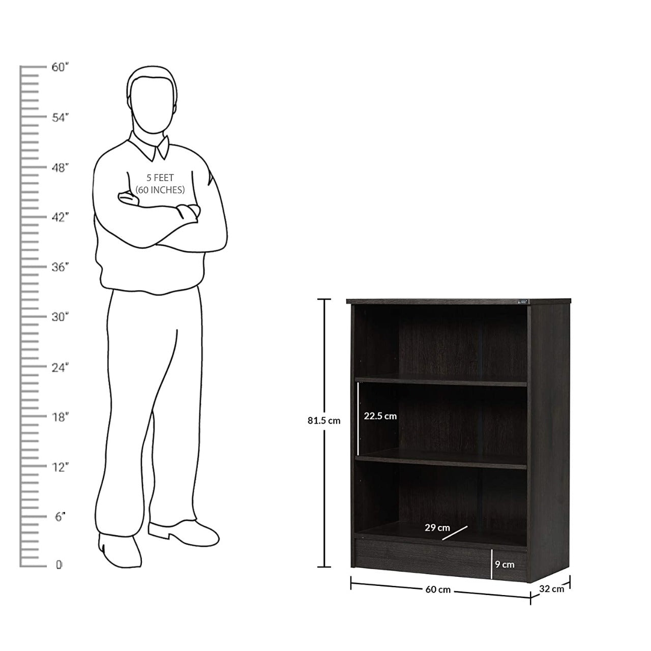 Bookshelf Black Wide 3-Shelf Bookcase