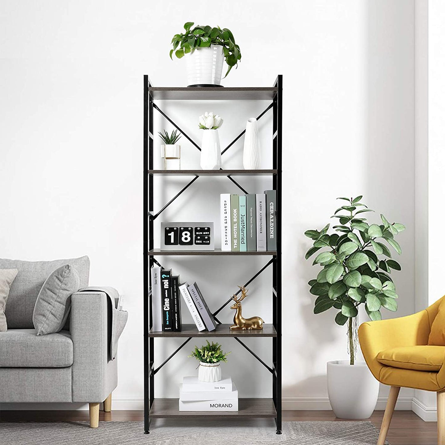 Bookshelf: Modern 5 Tier Standing Metal Frame Book Shelf