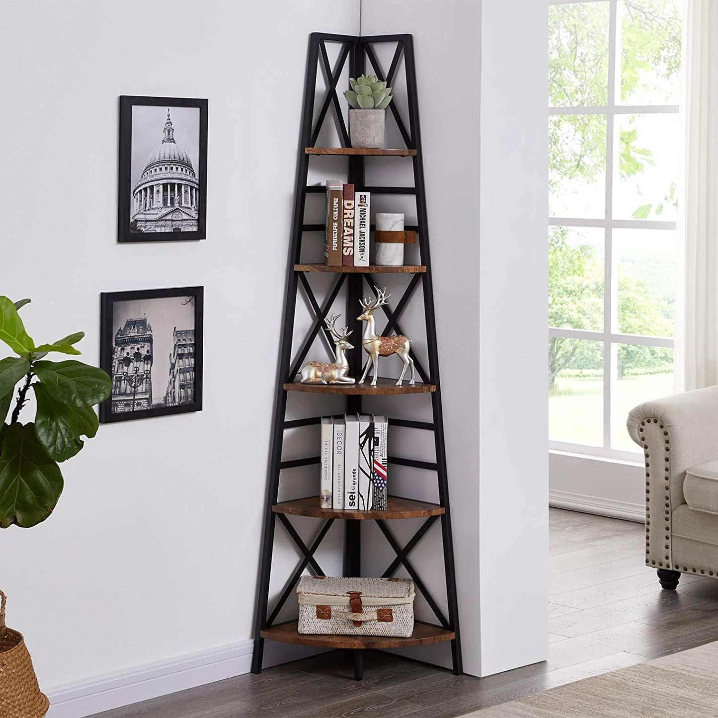 Bookshelf: Rustic Brown Finish 5-Tier Corner Bookshelf with Metal Frame Bookcase