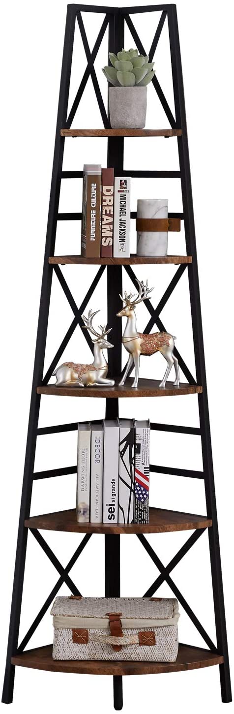 Bookshelf: Rustic Brown Finish 5-Tier Corner Bookshelf with Metal Frame Bookcase