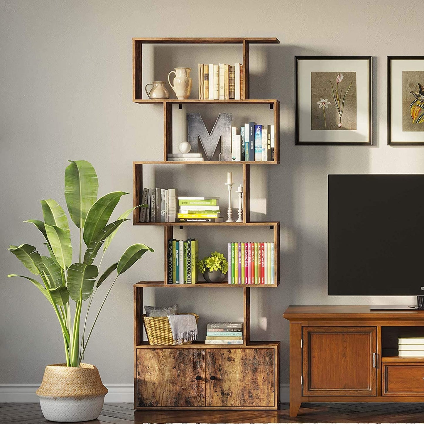 Bookshelf: Rustic Wood 6-Tier Bookcase with Cabinet