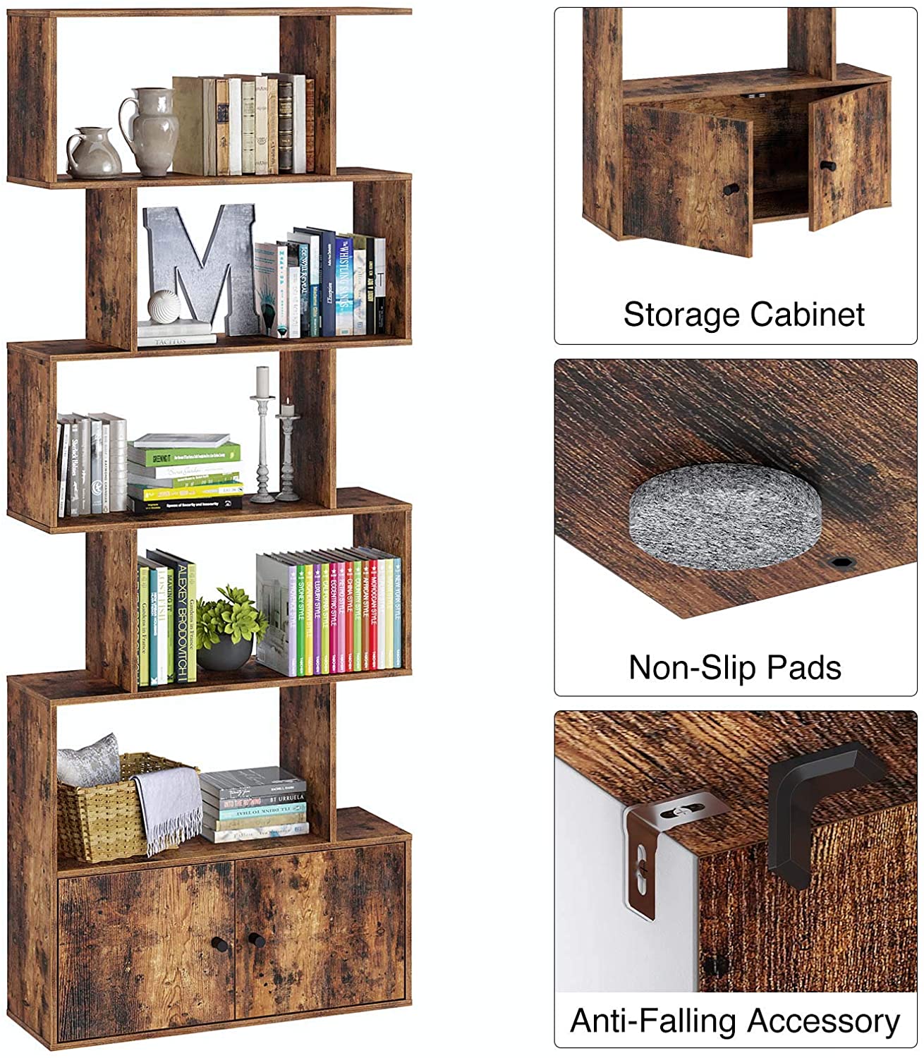 Bookshelf: Rustic Wood 6-Tier Bookcase with Cabinet